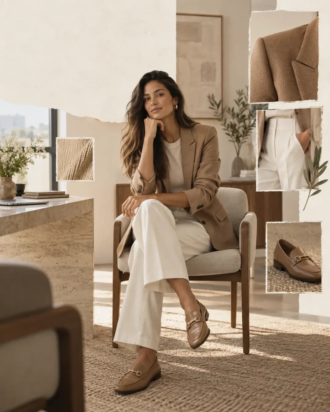 Profissional sentada num consultório claro, de blazer camel, tricô off-white e calça marfim, com recortes de papel do blazer, da calça e do mocassim