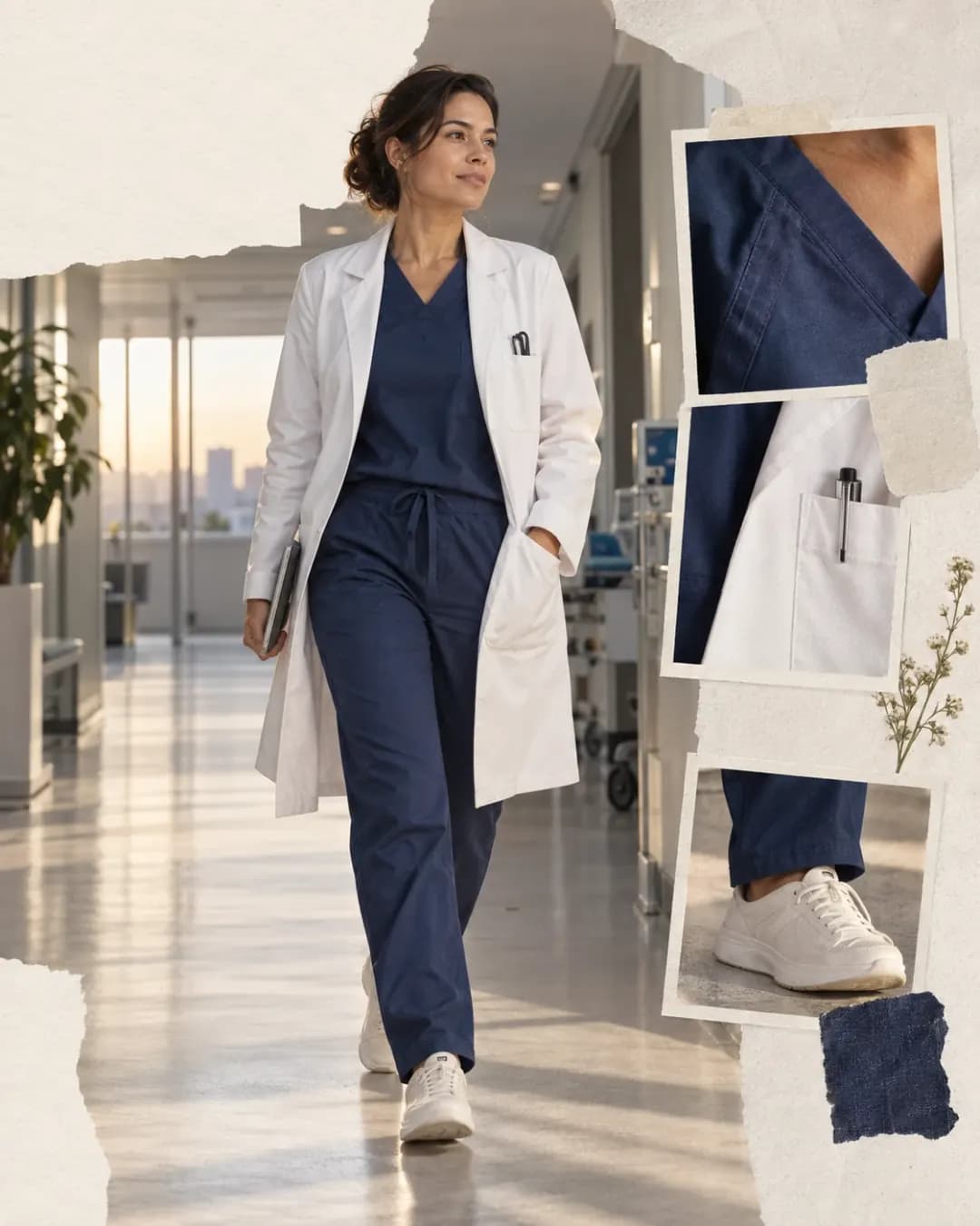 Médica caminhando num corredor de hospital, de pijama cirúrgico azul-marinho, jaleco branco e tênis branco, sem anel, pulseira ou brinco